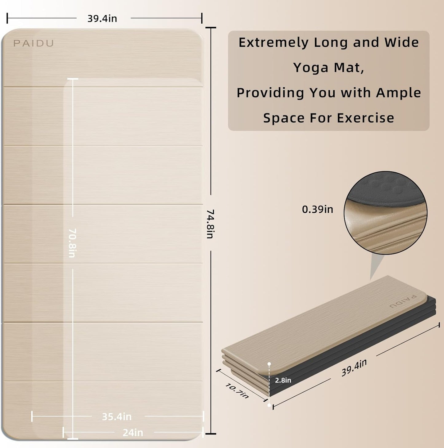 PAIDU Foldable Yoga Mat thick- 2/5" (10MM) TPE Non-Slip Design, Quick Fold，Easy Storage, 75x40 Extra Long/Wide for Indoor Yoga, Pilates and Outdoor Travel Workouts