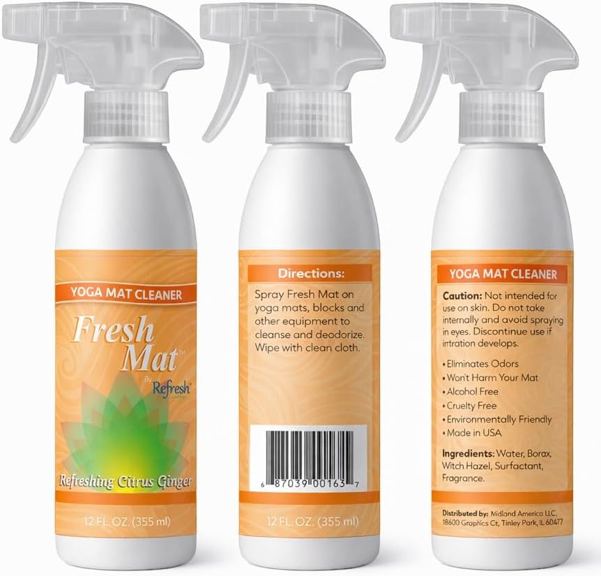 Fresh Mat Yoga Mat Cleaner Spray - Natural Deodorizing Cleaner for Yoga Mats & Fitness Equipment - No-Rinse, Residue-Free Formula with Witch Hazel & Essential Oil, Refreshing Citrus Ginger (24 fl oz).
