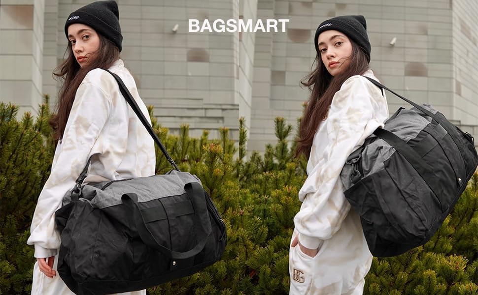 BAGSMART Gym Bags for Men Women, Foldable Travel Duffle Bag, Lightweight Weekender Duffel Bag With Shoe Compartment, Water Resistant Workout Duffle Sports Bag for Travel Yoga, Army Green