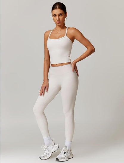 QBGJTD Womens Workout Sets Two Piece Cross Back Tank Top Matching High Waist Leggings Sets Gym Outfits Work Out Clothes