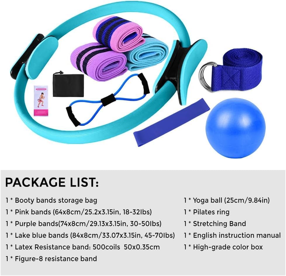 Pilates Set – Home Pilates Equipment for Women Kit with Magic Circle Pilates Ring and Ball Set, Resistance Bands & Massage Balls & Exercise Bands for Toning，Flexibility & Core Strength