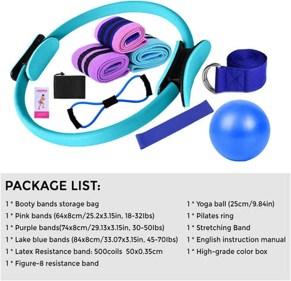 Pilates Set – Home Pilates Equipment for Women Kit with Magic Circle Pilates Ring and Ball Set, Resistance Bands & Massage Balls & Exercise Bands for Toning，Flexibility & Core Strength