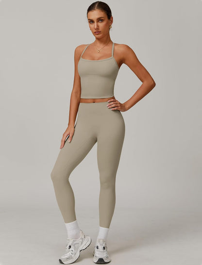 Women 2 Piece Workout Sets Padded Criss Cross Back Crop Tank High Waist Tummy Control Active Leggings Sets Yoga Outfit