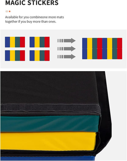 Exercise Mat 2'x6'/4'x8'/4'x10' Gymnastics Mat Folding Gymnastics Tumbling Mats 1.6"-2" Thick PU Leather Yoga Mat Portable With Carrying Handles for home Workout outdoor Yoga Pilates