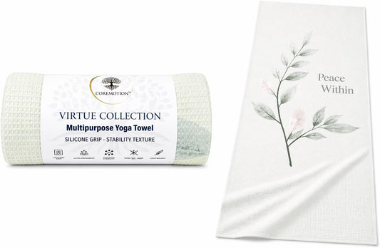 COREMOTION Yoga Towel Non Slip, Waffle Material, Super Absorbent, Quick Dry, Multipurpose for Hot Yoga, Pilates, Gym, 24 x 72, Light Green. Peace Within