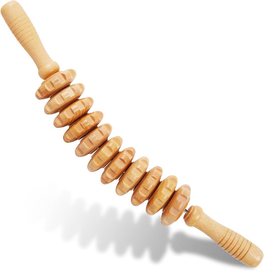 Liitrton Manual Wooden Fascia Massage Roller Trigger Points for Release Cellulite Sore Muscle Blasting (Straight-9-Wheel)