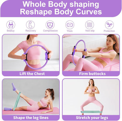 Home Pilates Kit for Women, Workout Set with 12.9" Ring, 9.8" Mini Ball, 4 Fabric Bands, Figure-8 Band, Stretch Band, D-Ring Strap, Cordless Jump Rope, Socks, Carry Bag