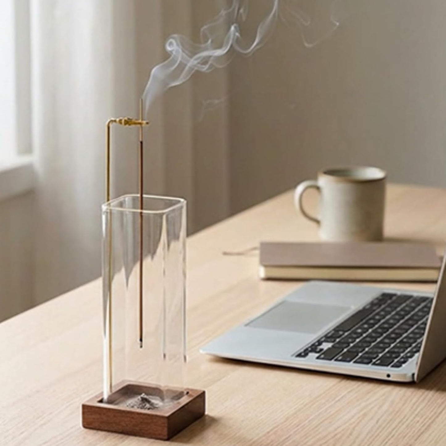 Ceremony Incense Holder, Wooden Incense Holder for Sticks with Glass Ash Catcher, Anti-ash Incense Burner with 20 Incense Sticks and a Ash Brush for Meditation Yoga Spa Room Decor