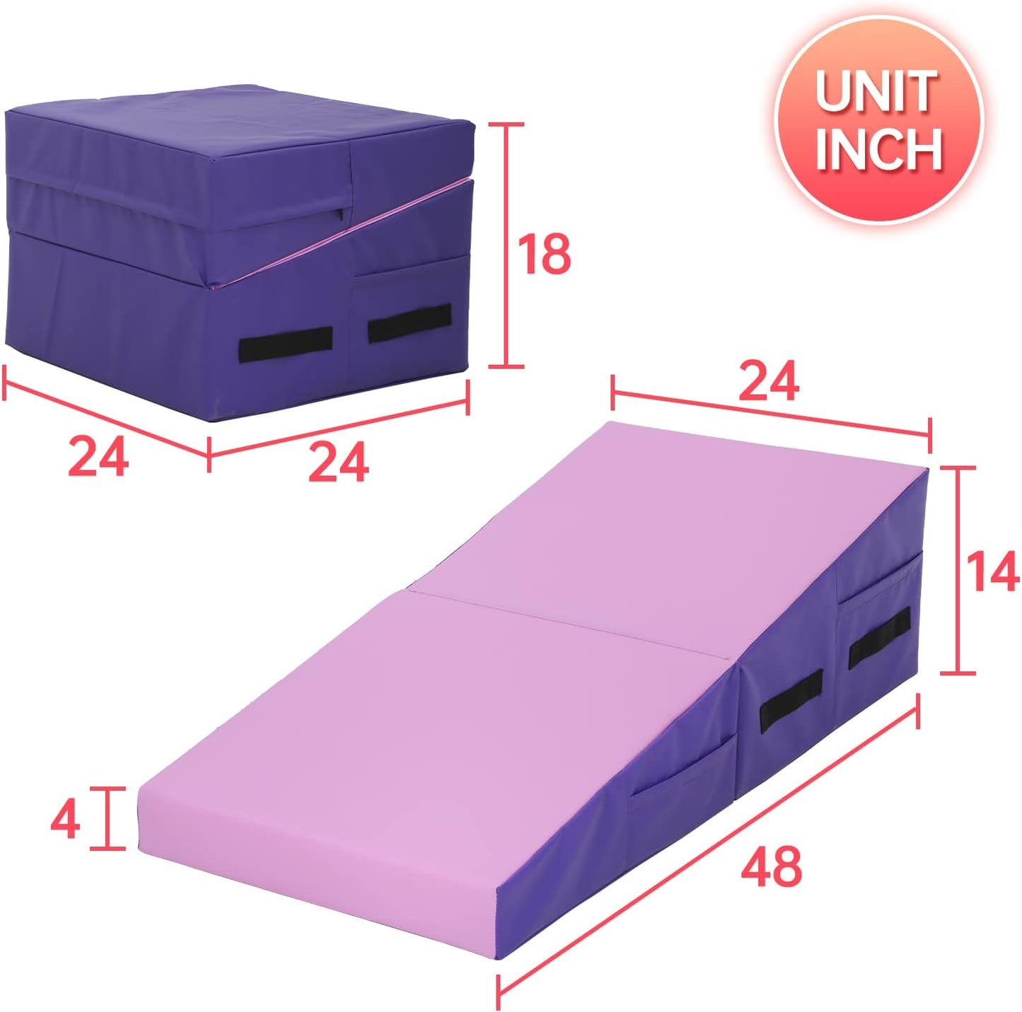 Gymnastics Mat 48”X24”X14” Incline Tumbling Mats for Home Gym, Folding Exercise Mat with Non-Slip PVC Surface & Handles, Cheese Wedge Mat for Kid Adults Workout