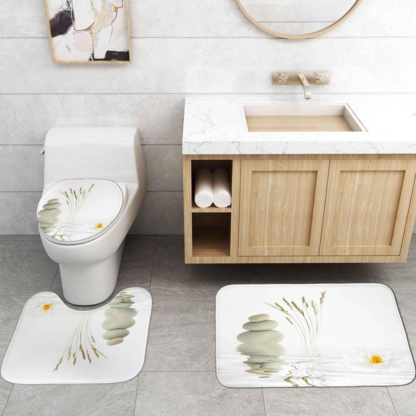 4PCS Spa Zen Shower Curtain Sets with Rugs, White Shower Curtain, Pink Floral Orchid Lotus Water Lily Stone Bamboo Water Reflection Yoga Massage Relaxing Spiritual Meditation Bathroom Decor