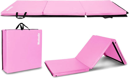Matladin 6' Folding Tri-fold Gymnastics Gym Exercise Aerobics Mat, 6ft x 2ft x 2in PU Leather Tumbling Mats with Hook & Loop Fastener for Stretching Yoga Cheerleading Martial Arts