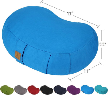 Crescent Zafu Meditation Pillow, D=17" W=11" H=5.5" Zabuton Yoga Bolster, Meditation Cushion, Floor Pouf Yoga Pillow Zippered Organic Cotton Cover Natural Buckwheat kneeling pillow - Large