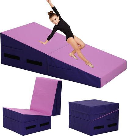 Folding Incline Gymnastics Mat for Tumbling, Folding Tumbling Mats Cheese Wedge Incline Mat with Non-Slip PU Leather Surface & Handles, Gym Fitness Tumbling Matts for Kids Girls Home Training Exercise