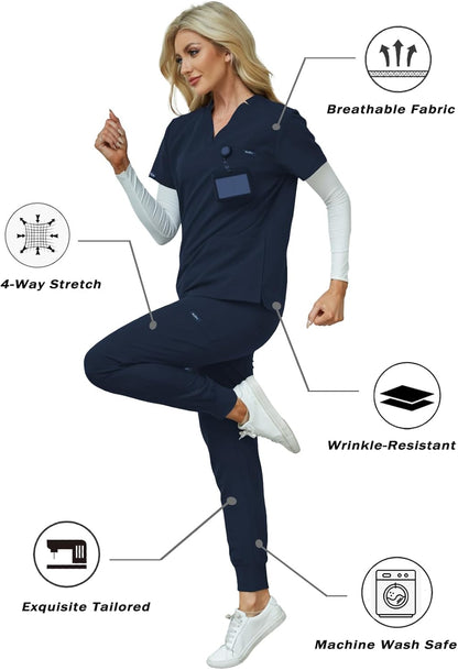 Women's V-Neck Scrubs Set With Cap, Stretchy Top and Jogger Pants, 11 Pockets Nursing Uniform