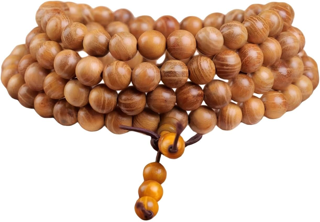 Handmade Mala Beads Bracelet 108 8mm Prayer Meditation Bracelet Sandalwood Elastic, Buddhist Beads, Prayer Mala Necklace for Men and Women Gifts