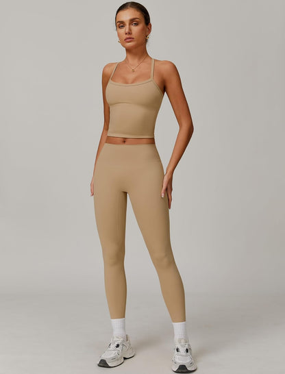 QBGJTD Womens Workout Sets Two Piece Cross Back Tank Top Matching High Waist Leggings Sets Gym Outfits Work Out Clothes