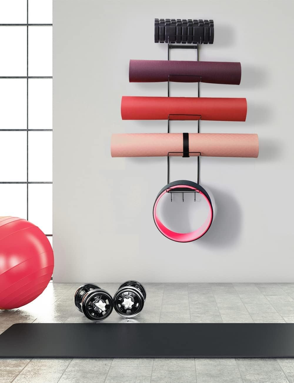 5-Tiers Yoga Mat Holder Wall Mount, Metal Storage Rack for Yoga Mat/Wheels, Foam Roller and Block etcs, Wall Rack Organizer with 3-Hooks for Hanging Stretching Strap & Resistance Bands（2 Pack）