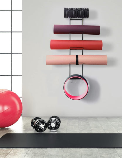 5-Tiers Yoga Mat Holder Wall Mount, Metal Storage Rack for Yoga Mat/Wheels, Foam Roller and Block etcs, Wall Rack Organizer with 3-Hooks for Hanging Stretching Strap & Resistance Bands（2 Pack）