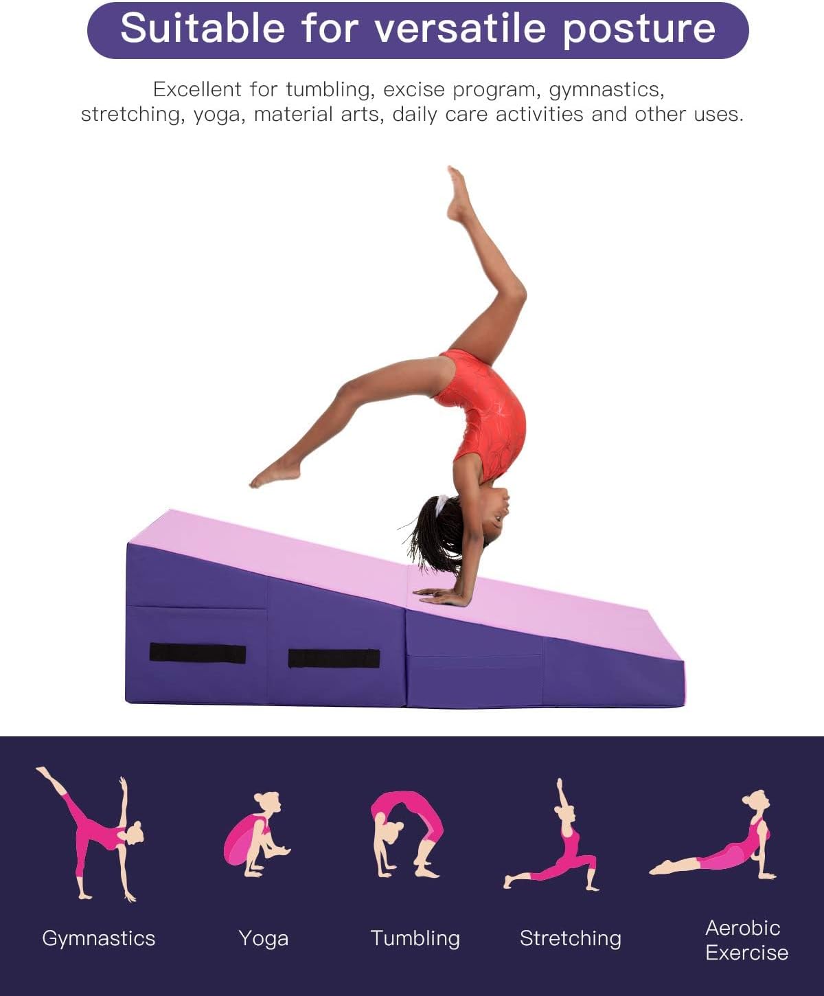Folding Incline Gymnastics Mat for Tumbling, Folding Tumbling Mats Cheese Wedge Incline Mat with Non-Slip PU Leather Surface & Handles, Gym Fitness Tumbling Matts for Kids Girls Home Training Exercise