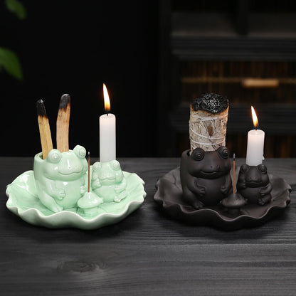 ChangWanna Frog Incense Holder Waterfall - Ceramic Cone Backflow Incense Burner Smoke Fountain, Back Flowing Incense Diffuser with 45 Sticks & 12 Cones, Frog Ornament for Aromatherapy/Yoga/Home Decor