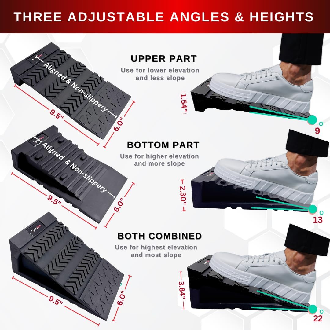 Squat Wedge Block - Non Slip Rubber - 3 Adjustable Angles - Men Shoe Size up to US11-4Pcs Set - Heel Elevated Squat - Calf Raises Ramp - Weight Lift & Stretch - 2 Bands & a Carry on Bag