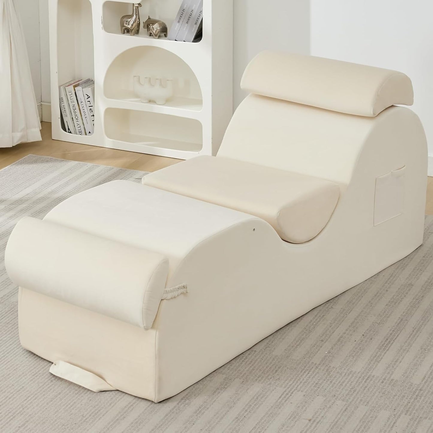 ijuicy 25 Inch Home Stretch Yoga Chair, Velvet Fitness Yoga Chaise Lounge Chair Indoor, Yoga Training Reliner with Adjustable Footrest & Headrest, Light Grey