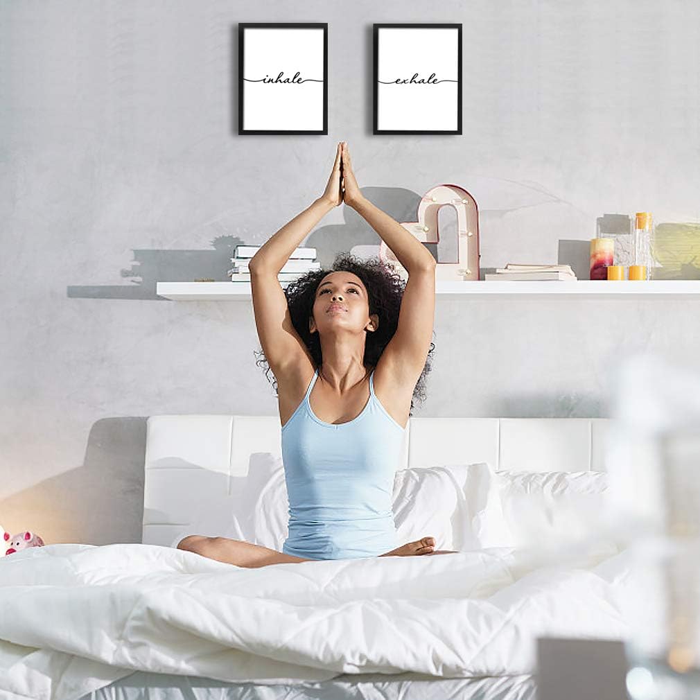 Framed Inhale Exhale Art Print Set Of 2 (10”X8”)-Ready To Hang, Meditation Mental Health Wall Art, Black And White Yoga Painting,Modern Zen Print, Canvas Wall Art Poster For Bedroom