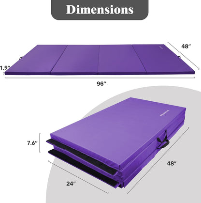 Fitvids 4'x8'x1.9" Gymnastics Mat, Home Exercise Mat with Carrying Handles, Folding Gym Workout Tumbling Mat for Yoga, Pilates, Stretching, MMA, Core Workouts, Fitness Aerobics Mats for Gym Training