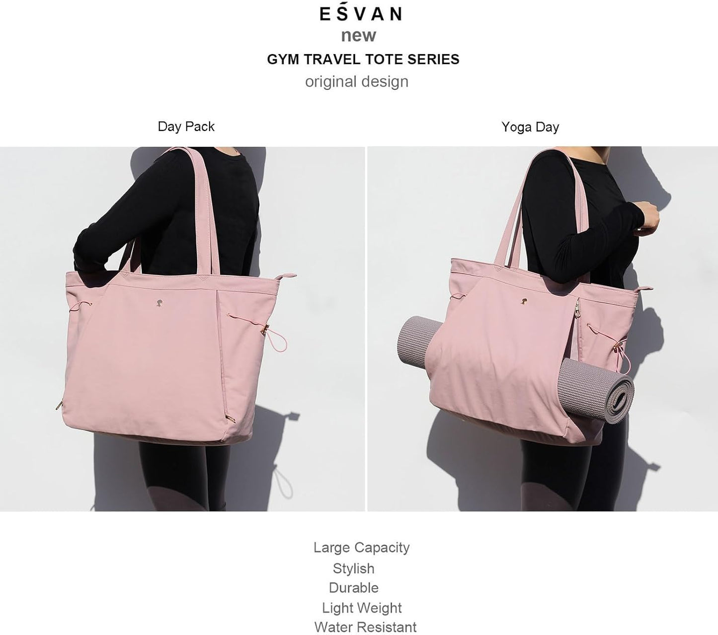 ESVAN Yoga Tote Bag for Women Shoulder Bags Drawstring for Office Workout Travel Carryall Pilates Gym and Beach