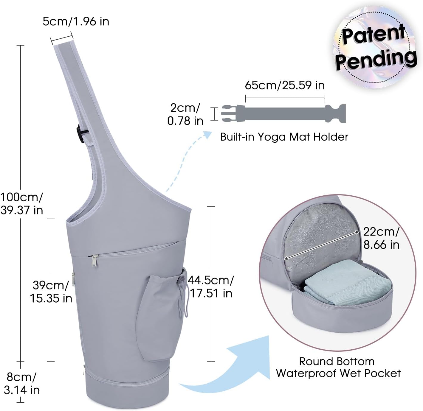 sportsnew Yoga Mat Bag, Large Opening Long Tote Yoga Mat Carrier Holder Bag with Waterproof Wet Pocket and Drawstring Water Bottle Pocket, Adjustable Shoulder Strap Storage Bag, patent pending