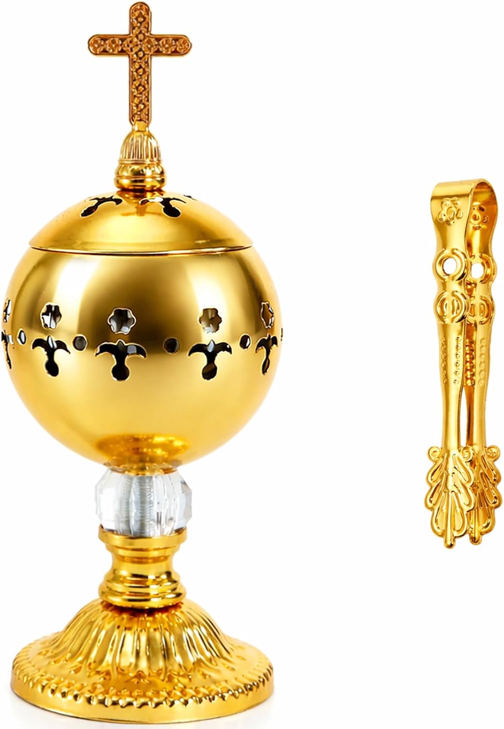 TOPZEA Catholic Incense Burner with Tong, Gold Metal Bakhoor Frankincense Resin Burner, Brass Plated Charcoal Incense Censer Stand with Cross for Christian Church, Home, Yoga, Spa Aromatherapy