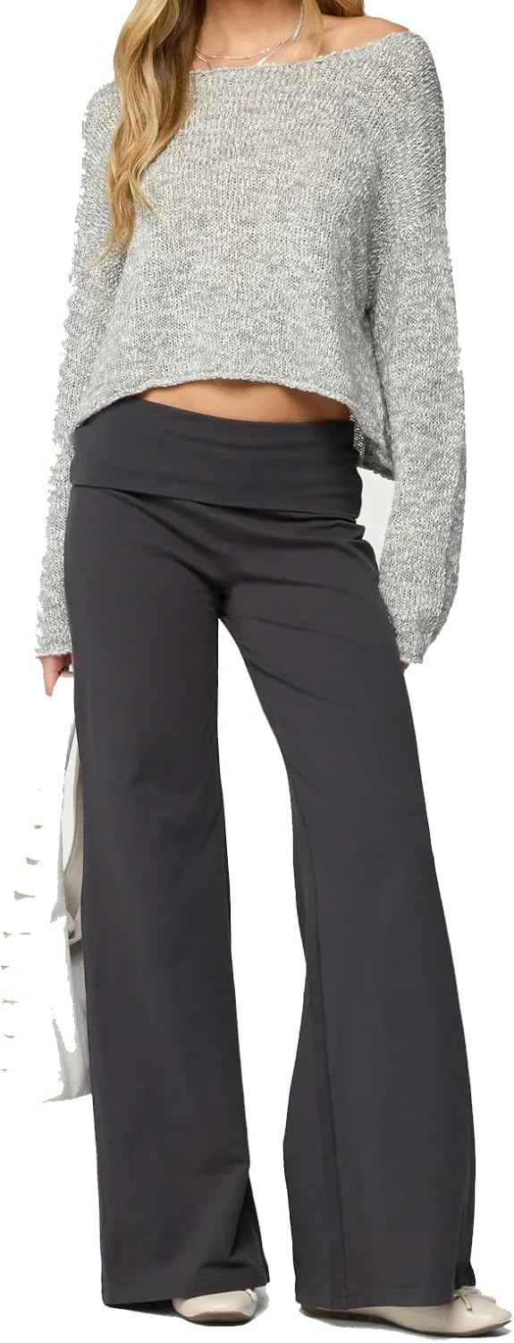 Women Y2k Fold Over Yoga Pants Colour Block Straight Leg Bottoms Low Rise Stretchy Lounge Trousers