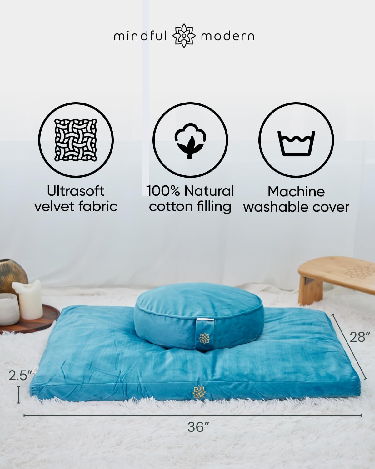 Mindful & Modern Zabuton Meditation Mat - Cotton Filled Yoga and Meditation Pad - Zabuton Meditation Cushion for Kneeling and Sitting Support - Large Rectangular Sitting Floor Pillow for Bench or Zafu