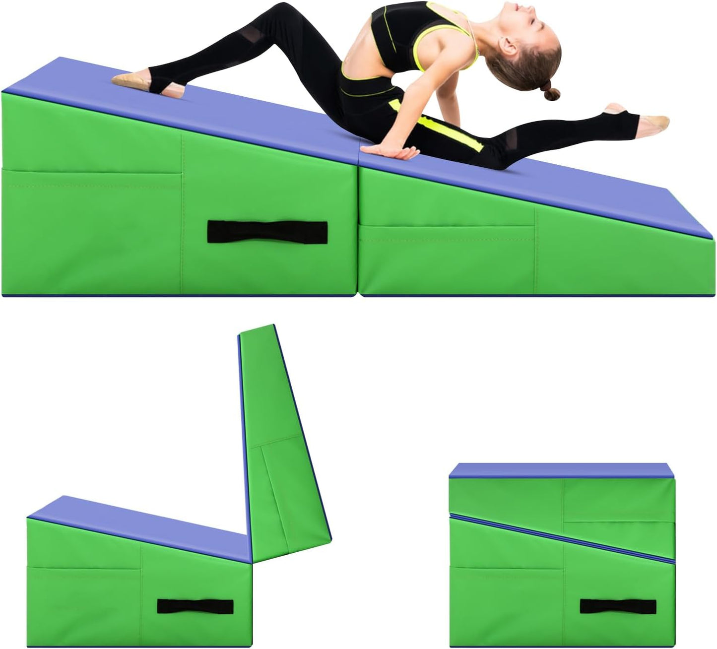 Gymnastics Mat Incline Tumbling Mats—Indoor/Outdoor Folding Cheese Wedge Mat with Non-Slip Surface & Handles for Kids Girls Home Training Exercise
