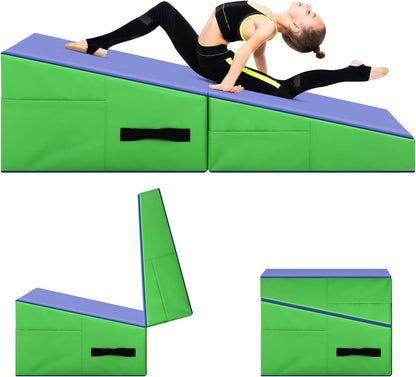 Gymnastics Mat Incline Tumbling Mats—Indoor/Outdoor Folding Cheese Wedge Mat with Non-Slip Surface & Handles for Kids Girls Home Training Exercise
