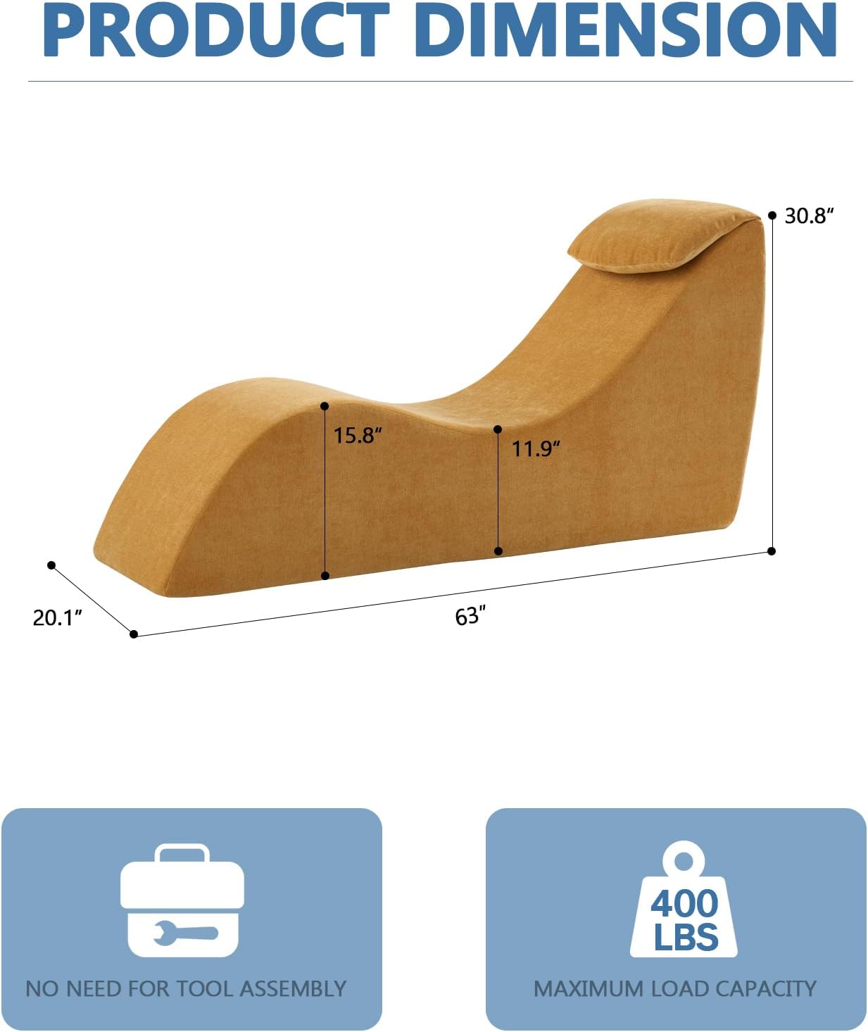 Yoga Chair Lounge for Adult, Yoga Lounge Chair，Ergonomic Chaise Lounge Chair,Chaise Lounge Indoor， Head Pillow，Perfect for Stretching, Massage, and Relaxation, Used in Living Room, Bedroom（Yellow）