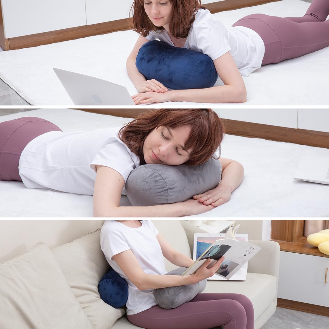 1 MIDDLE ONE Round Cylinder Bolster Pillow with Removable Velvet Cover, Tube Roll Cervical Pillow for Head, Neck, Back and Legs Support, 13" x 6", Grey