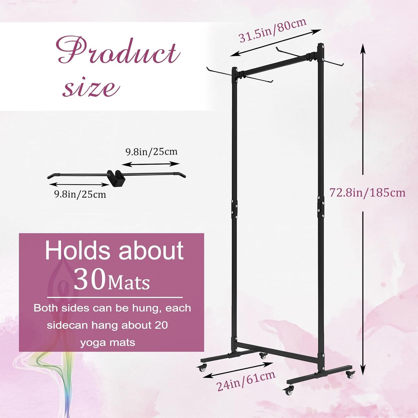 Hanging Yoga Mat Holder, Metal Double Sided Yoga Mats Storage Cart on Wheels, Floor Standing Pilates Mat Rack for Home Gym, Exercise, Yoga Studio, with Punching Tool