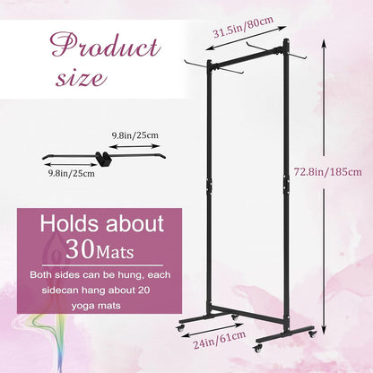 Hanging Yoga Mat Holder, Metal Double Sided Yoga Mats Storage Cart on Wheels, Floor Standing Pilates Mat Rack for Home Gym, Exercise, Yoga Studio, with Punching Tool