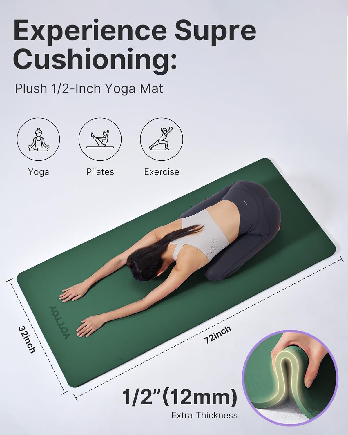 YOTTOY Yoga Mat，Extra Thick Yoga Mat (1/2inch),Professional TPE Exercise Mat,Non-Slip Workout Mat for Yoga, Pilates, Fitness, Barefoot Workouts, Home Gym Studio with Strap