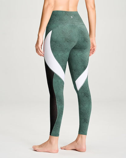 QUEENIEKE Women Yoga Pants Color Blocking Mesh Workout Running Leggings Tights