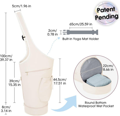 sportsnew Yoga Mat Bag, Large Opening Long Tote Yoga Mat Carrier Holder Bag with Waterproof Wet Pocket and Drawstring Water Bottle Pocket, Adjustable Shoulder Strap Storage Bag, patent pending