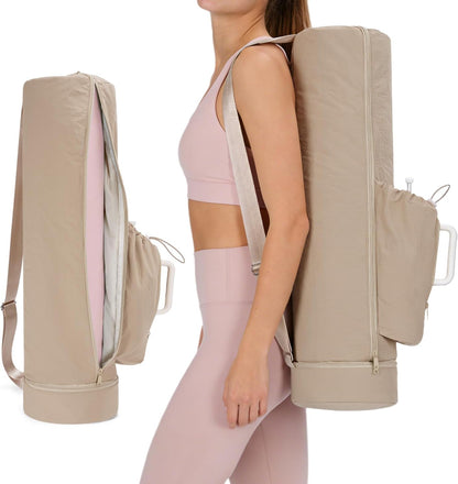 sportsnew Puffy Yoga Mat Bag Yoga Gym Bags for Women Men, Full-Zip Pilates Bag with Wet Pocket & Side Zip Drawstring Pocket Fits Tumblers with Handle, Yoga Mat Storage for Carrier Quick Access