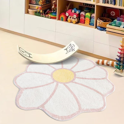 White Flower Shaped Rug, Cute Round Indoor Rug, 39.4" Diameter, High Pile Faux Wool, Non-Slip Backing