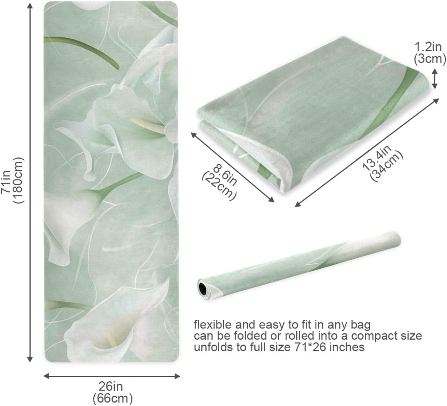 Calla Lily Flower Pastel Colors Mint Green printed yoga mat with strap for home gym, natural rubber non slip, with bag tapete para ejercicio 71x26 inches