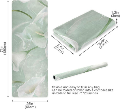 Calla Lily Flower Pastel Colors Mint Green printed yoga mat with strap for home gym, natural rubber non slip, with bag tapete para ejercicio 71x26 inches