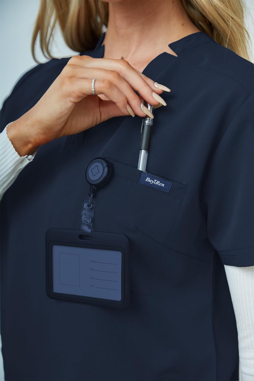 Women's V-Neck Scrubs Set With Cap, Stretchy Top and Jogger Pants, 11 Pockets Nursing Uniform