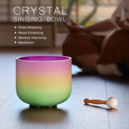 CVNC 440HZ 8 Inch Rainbow Colored A Note Third-Eye Chakra Frosted Quartz Crystal Singing Bowl for Sound Healing and Meditation