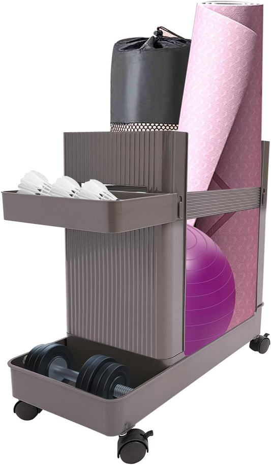Home Gym Storage,2 Tiers Workout Equipment Organizer with Wheels Workout Equipment Storage Organizer Yoga Mat Storage Racks Home Gym Storage Rack for Yoga Mats, Foam Roller, Dumbbells
