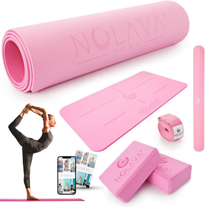 Nolava Yoga Mat with Bag – 72 x 24 inch, 1/4 inch Thick Non-Slip Mat – Includes Slap Band, Black Zippered Carry Tote with Mat Sleeve & Inner Pocket – For Yoga, Pilates, Home or Studio.